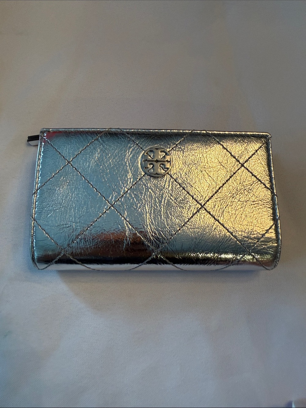 Tory Burch Metallic Silver Quilted Leather Wallet